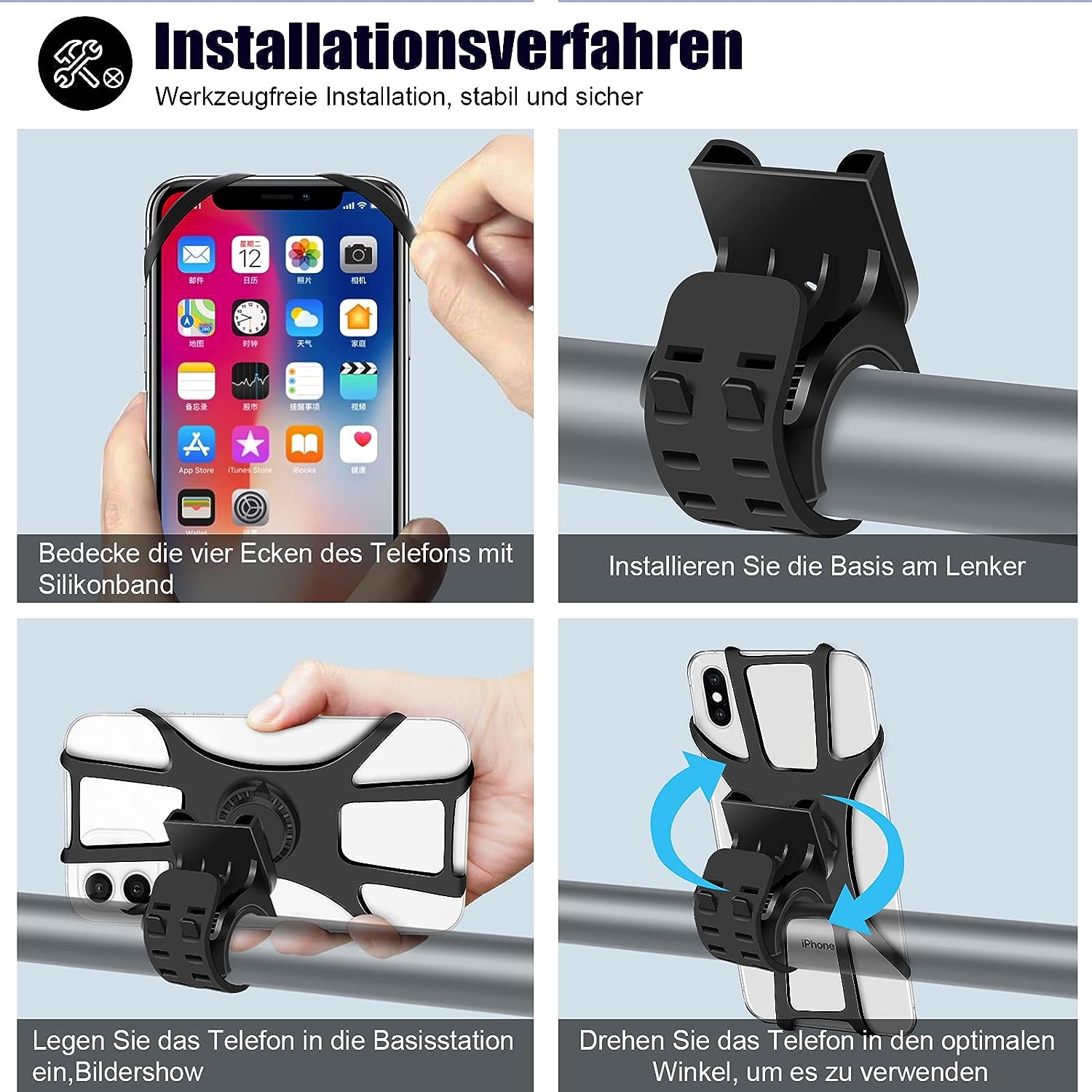 Silikon Handyhalter für Fahrrad + Scooter 4,0-7 Zoll Smartphone